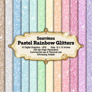 Può includere: Una collezione di sedici grafiche digitali senza giunture con texture glitter arcobaleno pastello. Un'etichetta decorativa centrale mostra il testo Seamless Pastel Rainbow Glitters, 16 Digital Graphics - JPG, Dimensioni: 30,48 x 30,48 cm, 300 dpi.