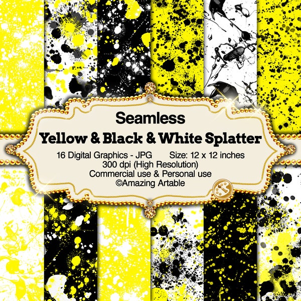 Yellow & Black Paint Splatter Seamless Digital Paper: black and white splatter digital paper yellow black splatter ink paintball graffiti