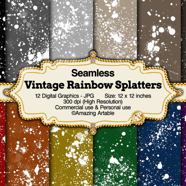 Vintage Rainbow Splatter Seamless Digital Paper: classic red and black paint splatter green splatter ink watercolor splash gray brown purple