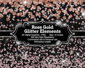 Könnte beinhalten: Ein digitales Grafikset mit roségoldenen Glitzerelementen auf transparentem Hintergrund. Ein zentrales schwarzes Etikett mit Perlenrand zeigt den Text: Rose Gold Glitter Elements, 20 Digital Graphics - PNG, Size: 12 inches, 300 dpi, Commercial use & Personal use, ©Amazing Artable.