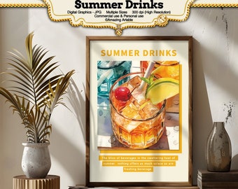 Summer Drinks Digital Print #1: fresh lemon drink digital poster wall art print poster printable watercolor wall print art instant download