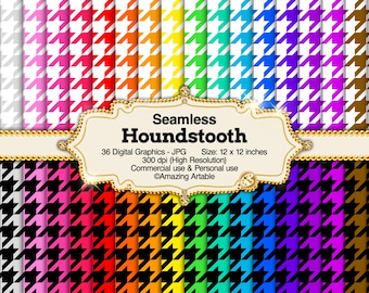 Houndstooth Seamless Digital Paper: bright rainbow houndstooth digital paper black white houndstooth pattern classic houndstooth background