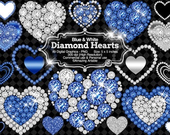 May include: A collection of digital heart graphics featuring blue and white diamond patterns, including solid blue, silver, and sparkling gemstone designs. The central text reads Blue & White Diamond Hearts, 49 Digital Graphics - PNG, Size: 12.7 x 12.7 cm.