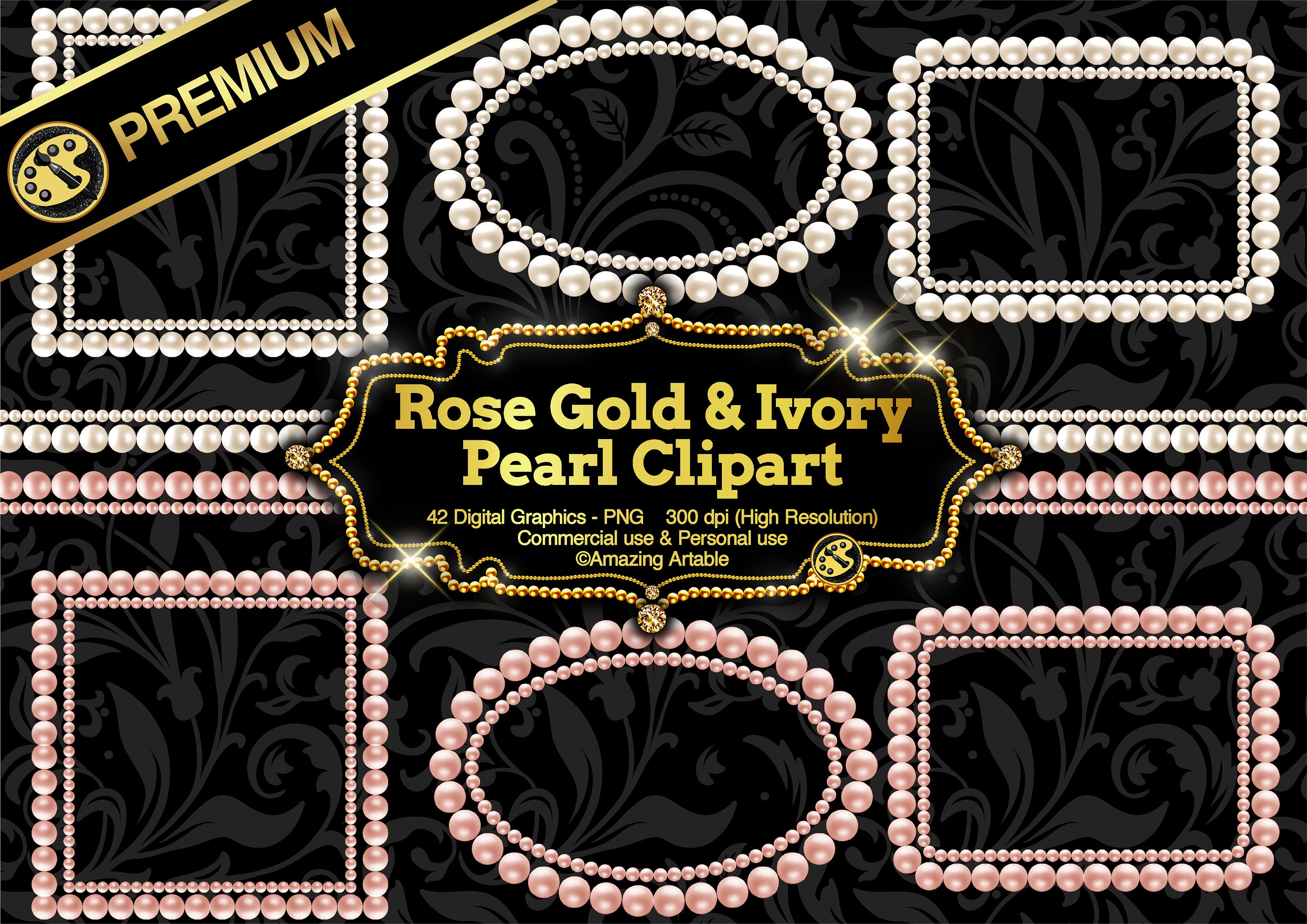 Luxury Rose Gold and Ivory Pearl Frame Clipart: pearl overlays, vintage pearl frame, diamond frame, pearl border, pearl corner jewel png