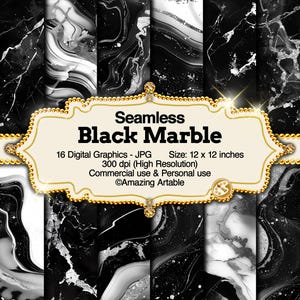 Könnte beinhalten: Ein Set mit 16 digitalen, nahtlosen Schwarz-Weiß-Marmormustern. Jedes Muster ist 30,48 cm x 30,48 cm groß und hat eine Auflösung von 300 dpi. Die Muster eignen sich perfekt für Bastel-, Scrapbooking- und digitale Designprojekte.