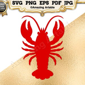 May include: A vibrant red silhouette of a lobster featuring two large claws, multiple legs, and long antennae. The graphic is presented as a digital file format collection including SVG, PNG, EPS, PDF, and JPG, with a gold-toned banner at the top.