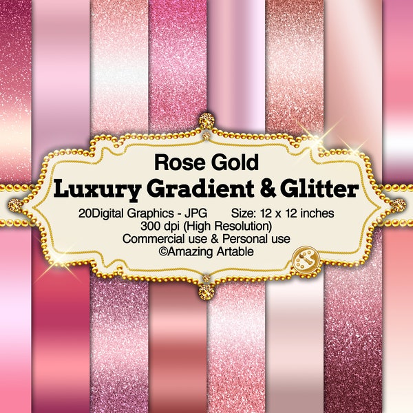 Luxury Rose Gold Gradient & Glitter Digital Paper: high-quality rose gold gradient background metallic pink ombre glitter paper scrapbooking