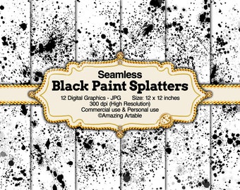 Black Paint Splatters Seamless Digital Paper: luxury digital paper black and white paintball spatters spray paint black splatter background