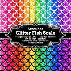 May include: A digital graphic featuring a seamless pattern of glitter fish scales in a variety of colors, including silver, pink, orange, yellow, green, blue, purple, and brown. The image includes the text "Seamless Glitter Fish Scale" and the dimensions of the graphics are 12 x 12 inches.