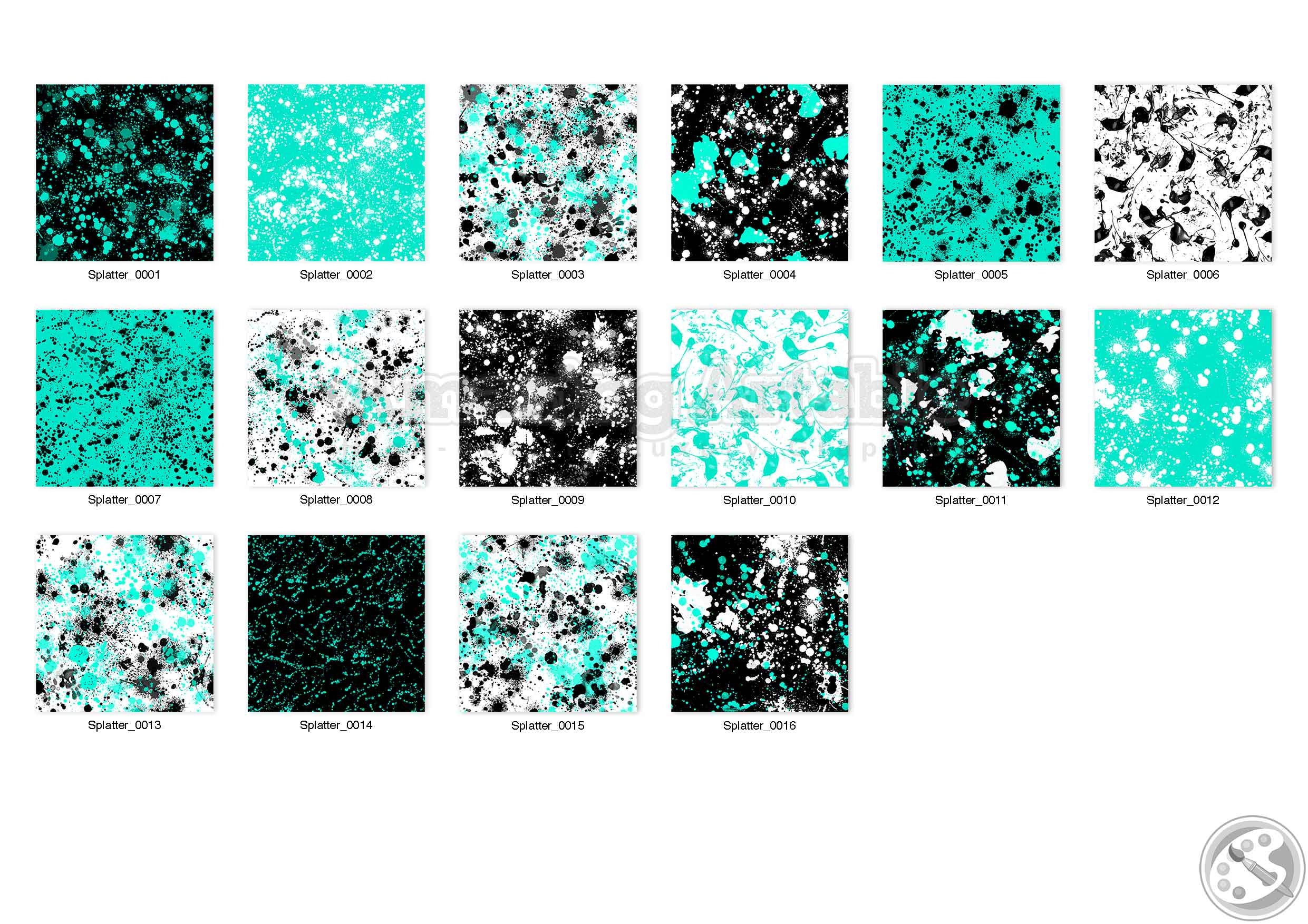 Turquoise & Black Paint Splatter Seamless Digital Paper: Turquoise ...