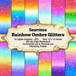 Rainbow Ombre Glitters Seamless Digital Paper: shimmering rainbow paper pink blue gradient paper colorful ombre paper sky glitter background