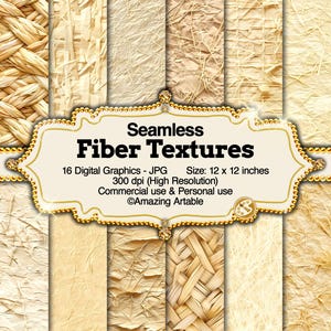 May include: A collection of 16 seamless fiber textures in beige and cream tones, presented as digital graphics. The image features a central decorative label with the text Seamless Fiber Textures, 16 Digital Graphics - JPG, Size: 12 x 12 inches.