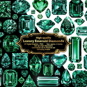 May include: A collection of various emerald green gemstones in multiple cuts including round, pear, heart, and emerald shapes. A central decorative gold-trimmed label displays the text: High-quality Luxury Emerald Diamonds, 87 Digital Graphics - PNG, Size: approx. 5 inches, 300 dpi (High Resolution), Commercial use & Personal use, ©Amazing Artable.