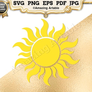 May include: A bright yellow sun graphic with wavy, flame-like rays extending from a central circular core. The design is presented against a textured gold background with a top banner displaying the text SVG PNG EPS PDF JPG.