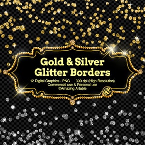 Gold & Silver Glitter Borders Clipart: luxury gold glitter border clipart sparkling gold confetti gold glitter frame clipart gold overlays