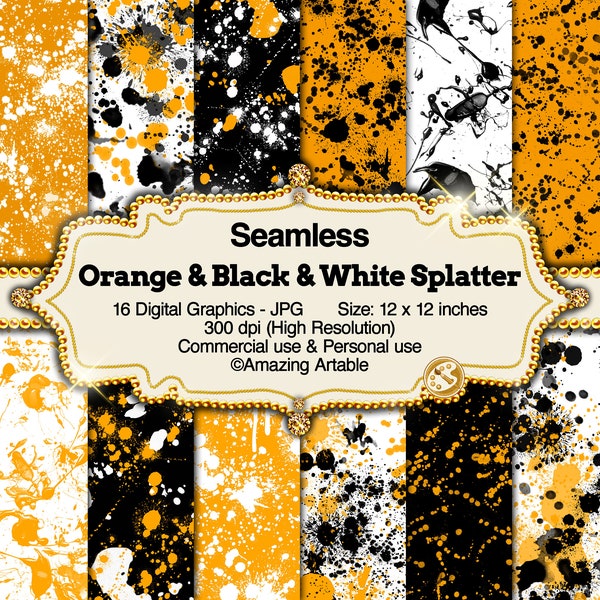 Orange & Black Paint Splatter Seamless Digital Paper: black and white splatter digital paper orange black splatter ink paintball graffiti