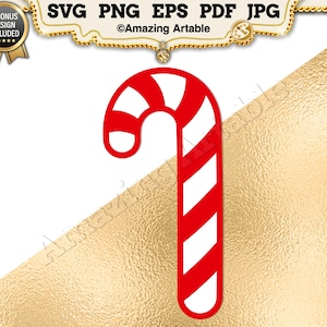 May include: A digital graphic of a candy cane featuring alternating diagonal red and white stripes. The top of the candy cane is curved, and the bottom is straight. The text SVG PNG EPS PDF JPG is displayed at the top with a bonus design badge.