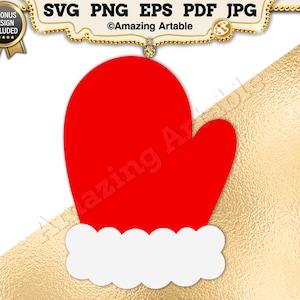Può includere: Una grafica digitale di una muffola rossa con un polsino bianco smerlato. Il banner superiore mostra il testo SVG PNG EPS PDF JPG e 3 BONUS DESIGN INCLUDED, con il nome del marchio Amazing Artable centrato sotto le etichette dei formati.