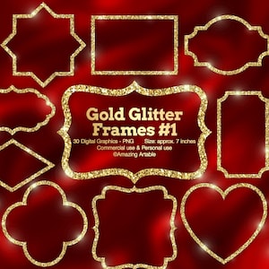 Peut inclure: Une collection de cadres à paillettes dorées de formes variées, incluant des styles ovales, rectangulaires, en cœur et ornés. Le texte Gold Glitter Frames #1, 30 Digital Graphics - PNG, Size: approx. 17,78 cm, Commercial use & Personal use ©Amazing Artable est visible.