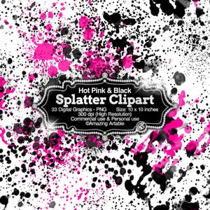 ホットピンクと黒のスプラッタークリップアート：ネオンピンクと黒のスプラッタークリップアート、黒のペイントボールオーバーレイ、ピンクのペイントスプラッターPNG、インクスプラッシュグラフィティ