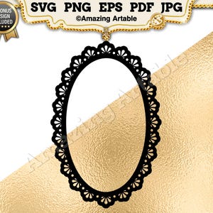May include: A black oval frame with a decorative scalloped edge featuring a repeating fan-like pattern. The design is presented as a digital file format including SVG, PNG, EPS, PDF, and JPG options, with a gold-toned background and a badge indicating 3 bonus designs are included.
