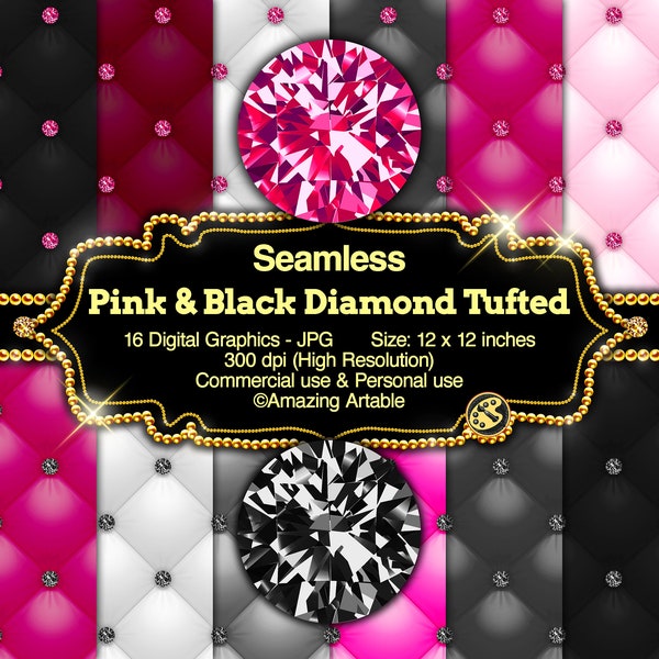 Pink & Black Diamond Tufted Digital Paper: luxury seamless pink quilting texture black and white tufted background pink upholstery paper