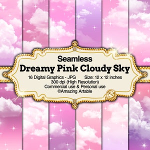 Dreamy Pink Cloudy Sky Seamless Digital Paper: romantic sky paper sunset background ombre pink sky cloud paper sparkle stars galaxy paper