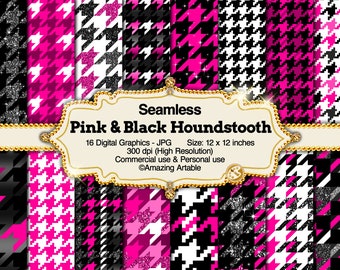 Pink & Black Houndstooth Seamless Digital Paper: hot pink houndstooth paper glitter black and white houndstooth pattern luxury background