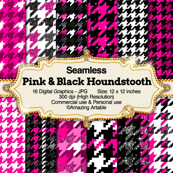 Pink & Black Houndstooth Seamless Digital Paper: hot pink houndstooth paper glitter black and white houndstooth pattern luxury background