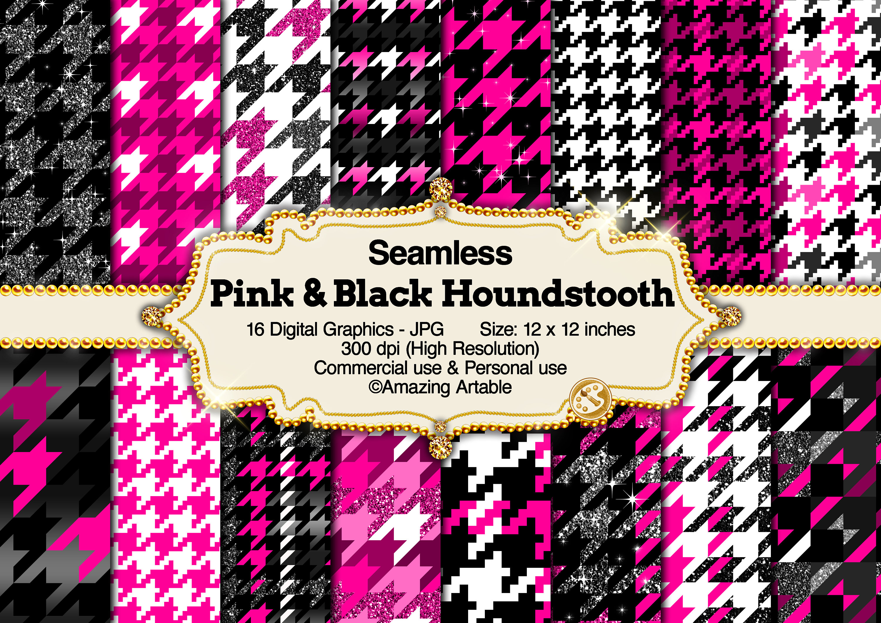 Pink & Black Houndstooth Seamless Digital Paper: Hot Pink