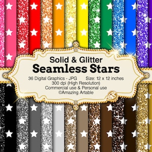 May include: A set of 36 digital seamless star patterns in various colors, including black, white, pink, red, orange, yellow, green, blue, purple, and gold. The patterns are 12 inches by 12 inches and 300 dpi. The text "Solid & Glitter Seamless Stars" is displayed on a gold banner.