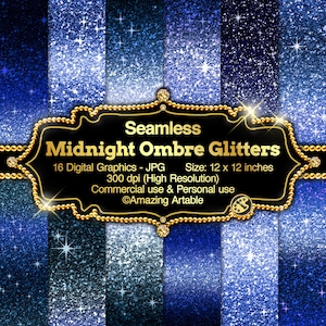 Midnight Ombre Glitter Seamless Digital Paper: glitter mörkblått glitter digitalt papper marinblått ombrepapper natthimlen glitter bakgrunder