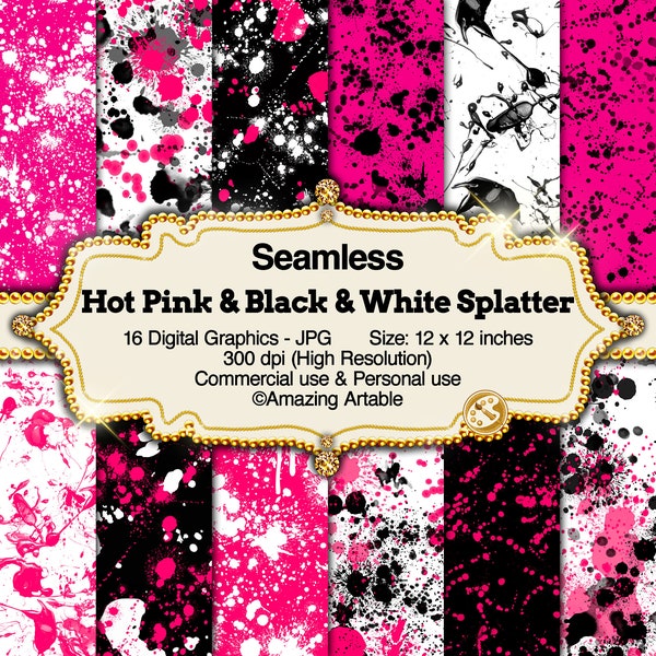 Hot Pink & Black Paint Splatter Seamless Digital Paper: black and white splatter digital paper pink splatter watercolor ink paintball splash