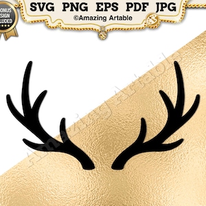 Peut inclure: Une silhouette noire de bois de cerf centrée sur un fond texturé doré. La bannière supérieure affiche le texte SVG PNG EPS PDF JPG et 3 BONUS DESIGN INCLUDED avec le texte de copyright Amazing Artable centré sous la bannière.