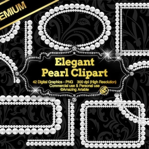 Elegante Perlenrahmen-Clipart: Luxuriöser Perlenrahmen, glänzende Perlenüberlagerungen, grelle Perlendiamanten, Vintage-Perlenrand, Juwel, Perlenecken-Clipart