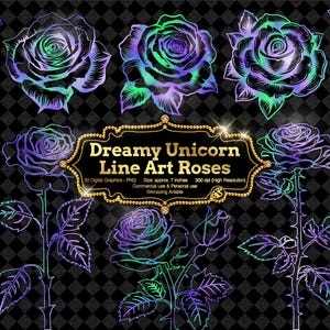 Imágenes prediseñadas de rosas de unicornio de ensueño: imágenes prediseñadas de rosas misteriosas verdes y moradas, flores de Halloween, descarga digital, pegatina floral png