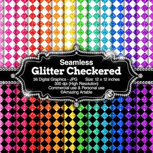 Glitter Diamond Checkerboard Seamless Digital Paper: helles Regenbogen Glitter Schachbrett Digitalpapier Glitter Diamond karierter Hintergrund