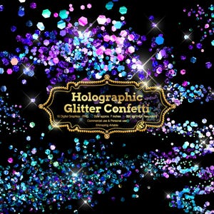 Holografisch Glitzer Konfetti Clipart: irisierende Meerjungfrau Glitzer Clipart, rosa und blaues Konfetti Overlays, holografischer Pailletten Clipart