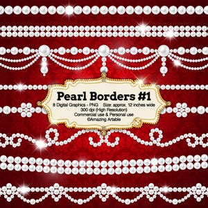 Puede incluir: Una colección de ocho bordes de perlas digitales con cuentas esféricas blancas dispuestas en varios patrones lineales, drapeados y florales sobre un fondo rojo oscuro. Una etiqueta central muestra el texto Pearl Borders #1.