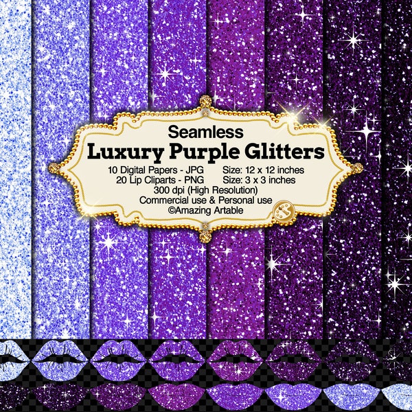 Luxury Purple Glitters: seamless purple glitter digital paper shimmer purple lip clipart blue glitter lip clipart violet kiss Valentine