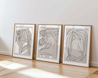 SET of 3 line art prints, women line art wall art, abstract minimalist print set, Ship Worldwide from UK,US,Aus,Europe : )