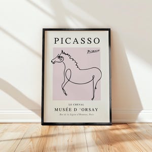 Impressão de Picasso, o cavalo, reprodução de pôster de exposição vintage, desenho de linha inspirado em Picasso, rosa, envio para todo o mundo do Reino Unido, EUA, Austrália, UE :)