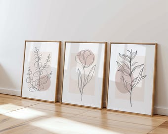 SET of 3 line art prints, beige pink floral foliage wall art, abstract minimalist print set, Ship Worldwide from UK,US,Aus,Europe : )