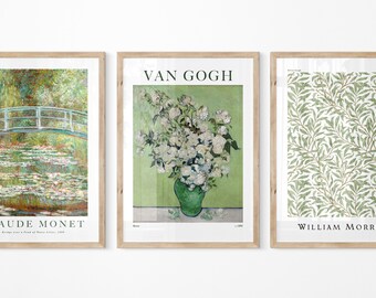 Set of 3 Green wall art, Floral print set of 3, William Morris, Van Gogh, Monet prints, Ship Worldwide from UK,US,Aus,Europe : )