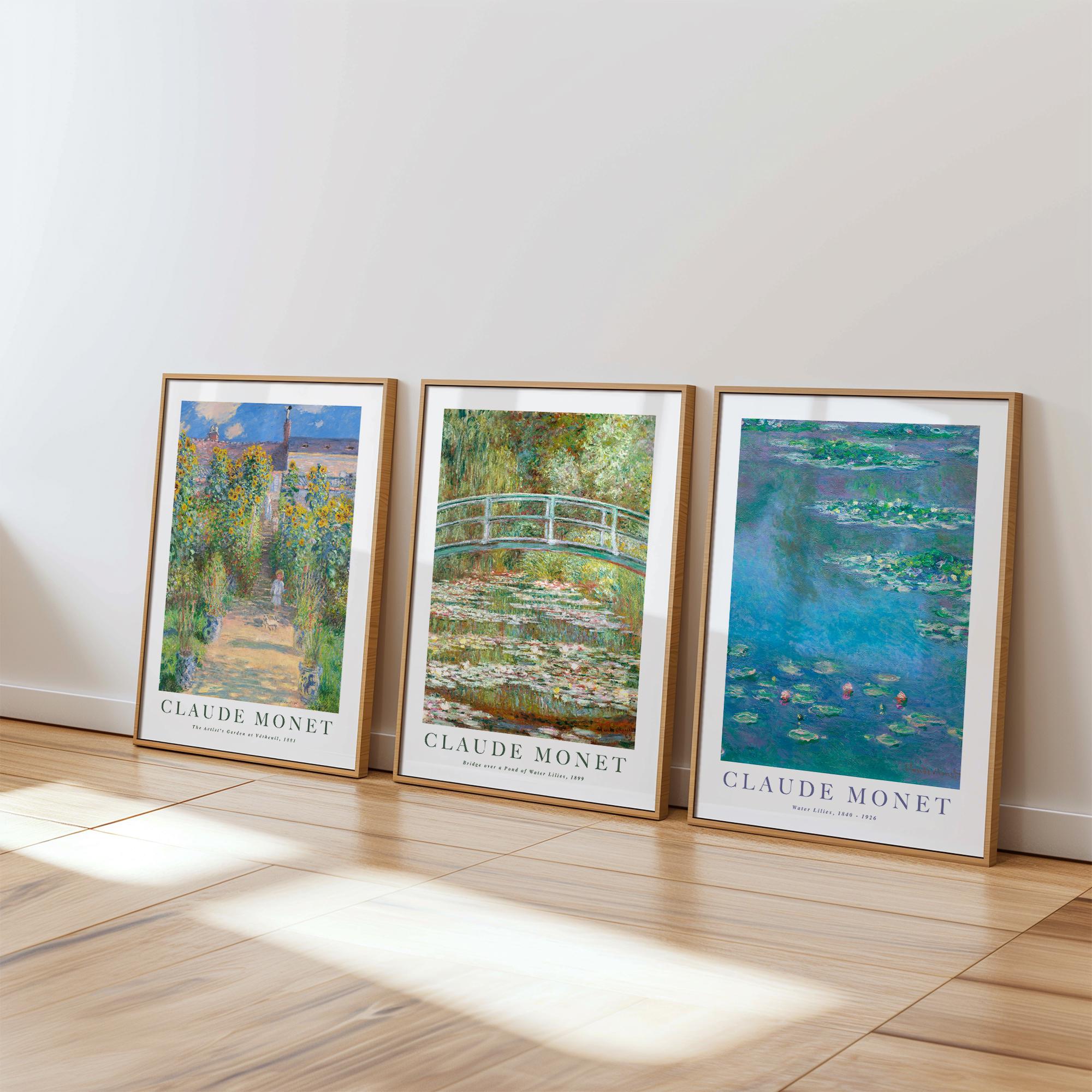 Monet print Set of 3, The Artist's Garden at Vetheuil, Bridge over a Pond of Water Lilies, Ship Worldwide from UK,US,Aus,Europe : )