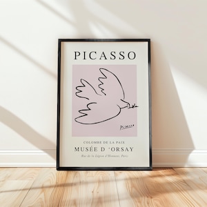 Stampa di Picasso, colomba della pace, riproduzione di manifesto di una mostra d'epoca, disegno lineare ispirato a Picasso rosa, spedizione in tutto il mondo da Regno Unito, Stati Uniti, Australia, UE : )