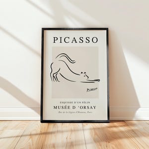 Picasso print, Cat, Vintage exhibition poster reproduction, Picasso inspired line drawing beige, Ship Worldwide from UK,US,Aus,EU : )