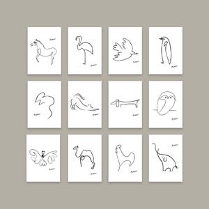 Könnte beinhalten: Ein Set mit 10 Schwarzweiß-Linienzeichnungen von Tieren, jede mit der Unterschrift des Künstlers "Picasso" unten. Die Tiere umfassen ein Pferd, einen Flamingo, eine Taube, einen Pinguin, eine Eule, einen Dackel, einen Schmetterling, ein Kamel, einen Hahn und einen Elefanten.