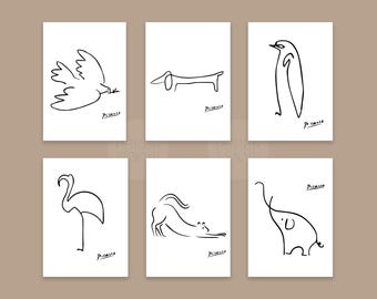 May include: Six minimalist art prints featuring line drawings of a dove, dachshund, penguin, flamingo, cat, and elephant. Each print is black on a white background, with the artist's signature, "Picasso," at the bottom.