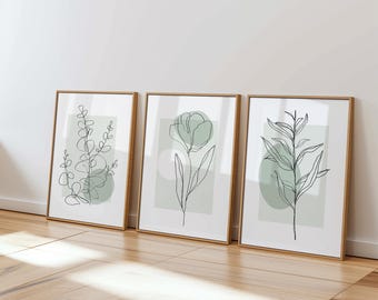 SET of 3 line art prints, floral foliage green line art wall art, abstract minimalist print set, Ship Worldwide from UK,US,Aus,Europe : )